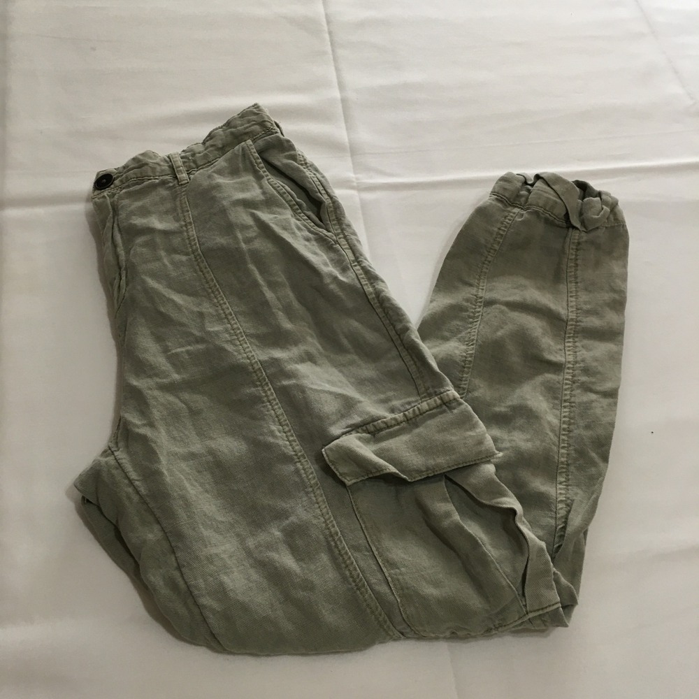 Nicole Miller Cargo Jogger Pants Women Medium Green Linen Blend Elastic Waist